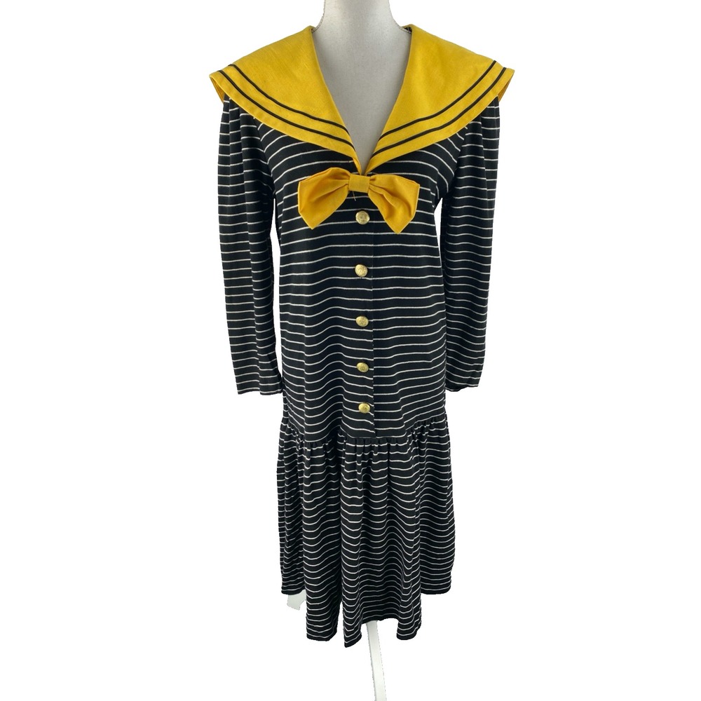 Donna Morgan Vtg 70s Sailor Striped Nautical Shawl Bib Bow‎ Dress Military